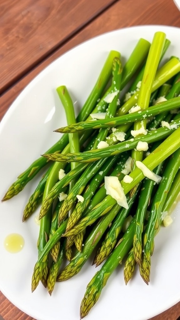 Roasted asparagus spears on a white plate garnished with Parmesan cheese on a wooden table.